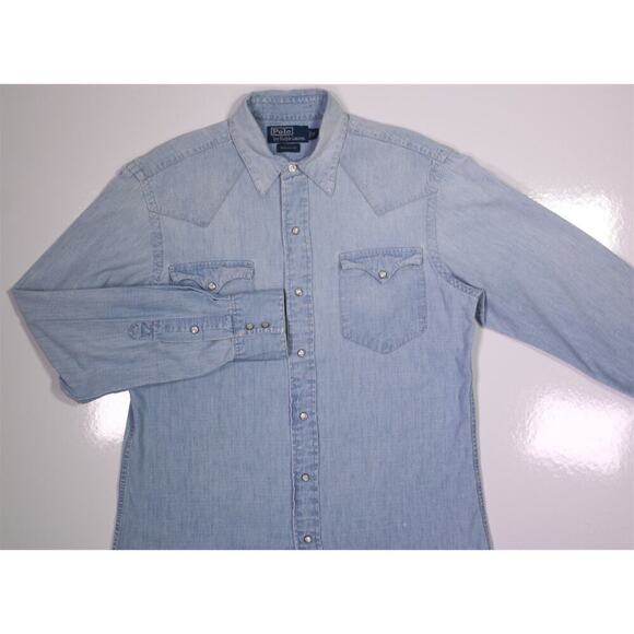 Polo Ralph Lauren Western Denim Chambray Pearl Snap Cowboy Shirt Men's Small - Picture 2 of 6